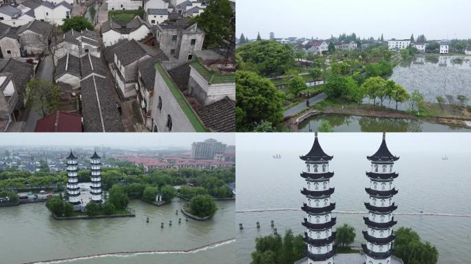 苏州吴江太湖七都水乡农村双塔景色