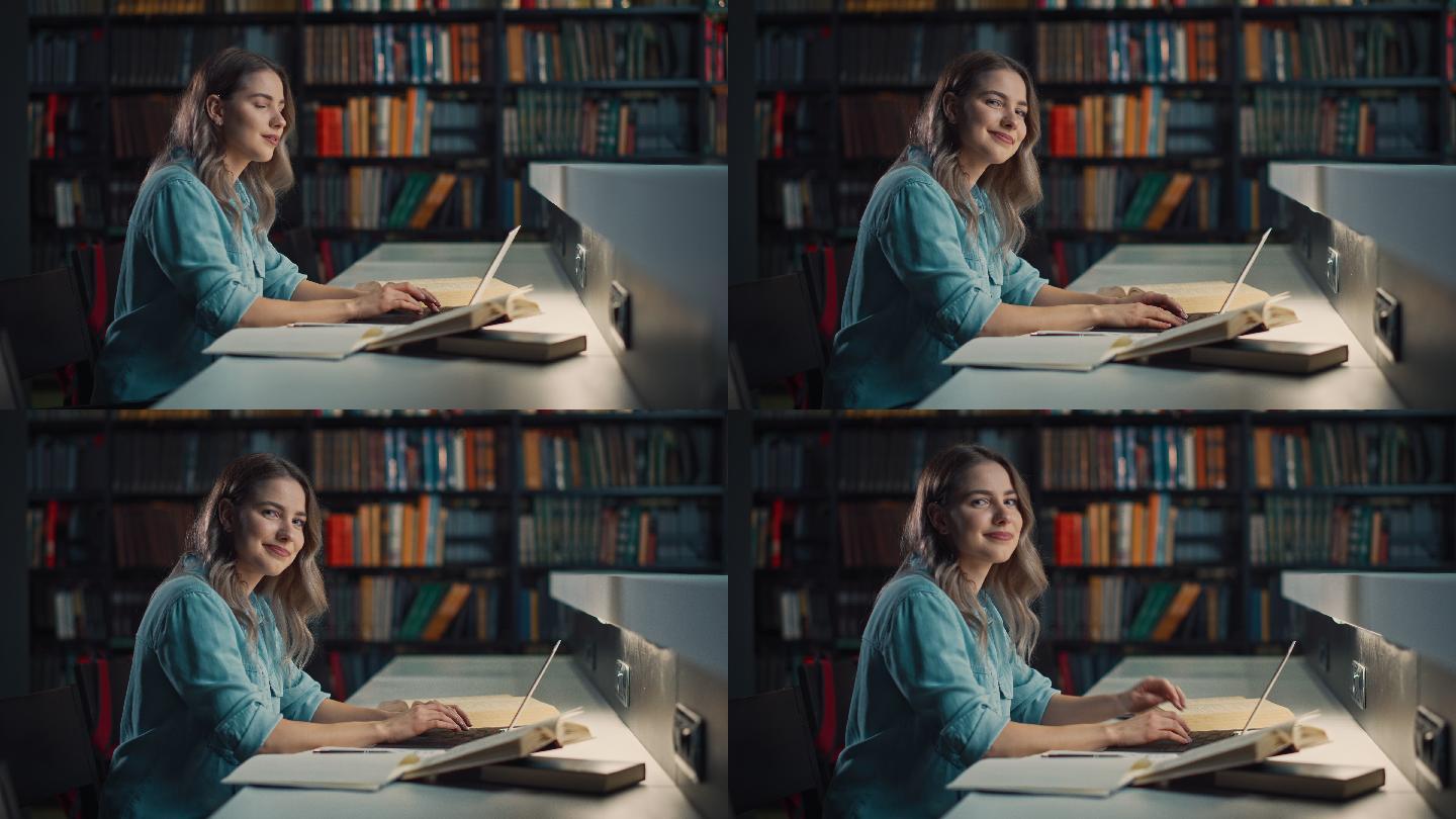 一个女孩正在大学图书馆看书