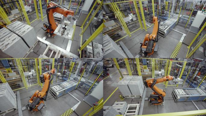 工业机器人将零件从堆垛移动到工厂的传送带