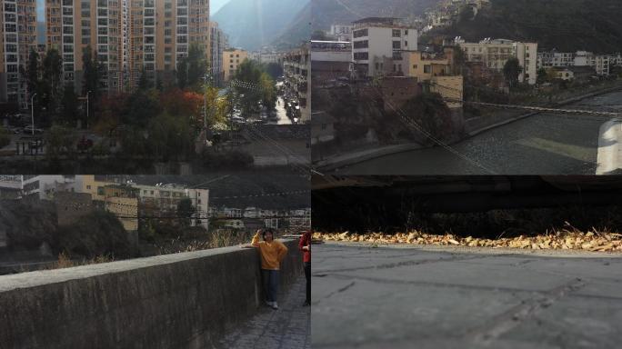 汶川大山县城 河流 震后重建小区 铁索桥