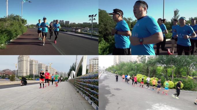 市民围绕城市健步道晨跑跑步