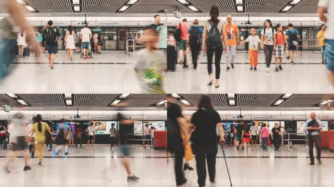 香港高峰期地铁人流脚步步伐等车乘客上下班