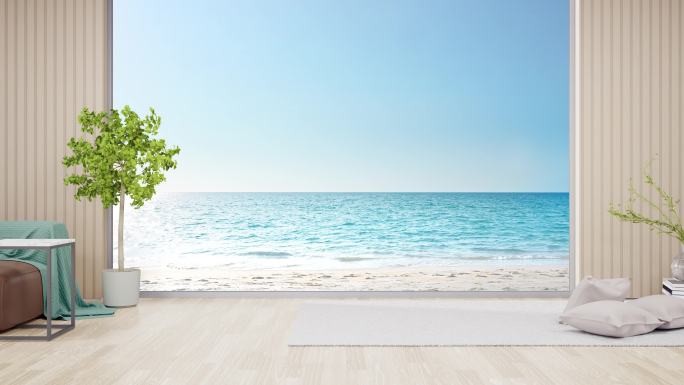 现代海滨别墅或豪华酒店明亮客厅的拼花地板上的地毯。