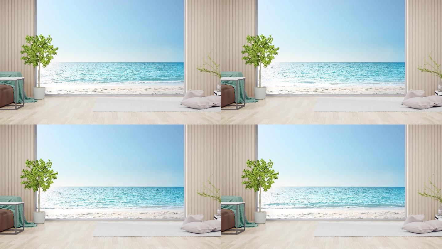 现代海滨别墅或豪华酒店明亮客厅的拼花地板上的地毯。