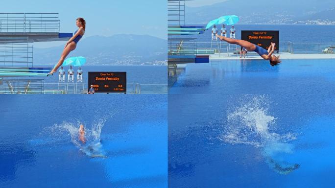女子跳水运动员在比赛中向后跳水