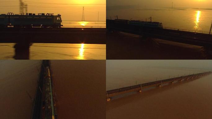 火车迎着夕阳在江桥上奔驰