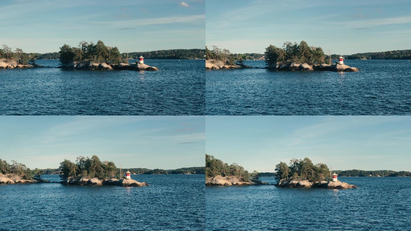 斯德哥尔摩群岛上红白相间的小灯塔