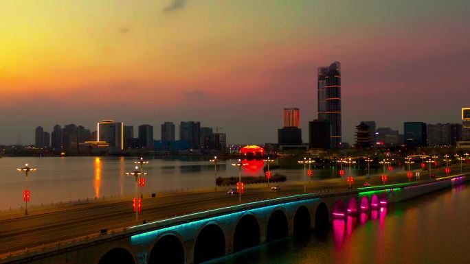 航拍银川市阅海湾中央商务区夜景