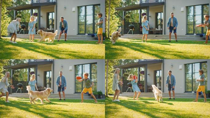 一家四口在后院与金毛猎犬一起玩飞碟
