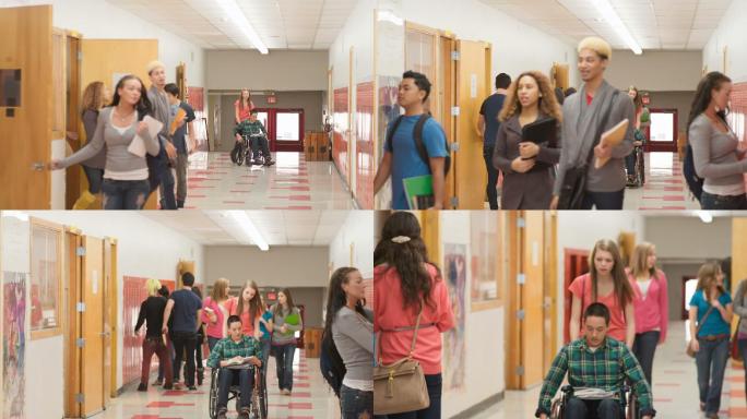 坐轮椅的青少年残疾学生大学下课多功能教室