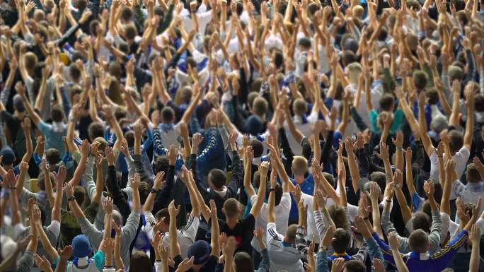 人群举手支持足球队，等待得分