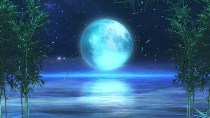 唯美梦幻夜晚水面月亮竹林