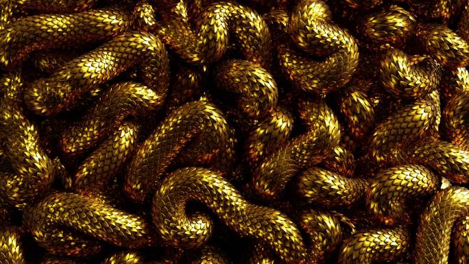 3d抽象背景与缠结的金色金属蛇移动
