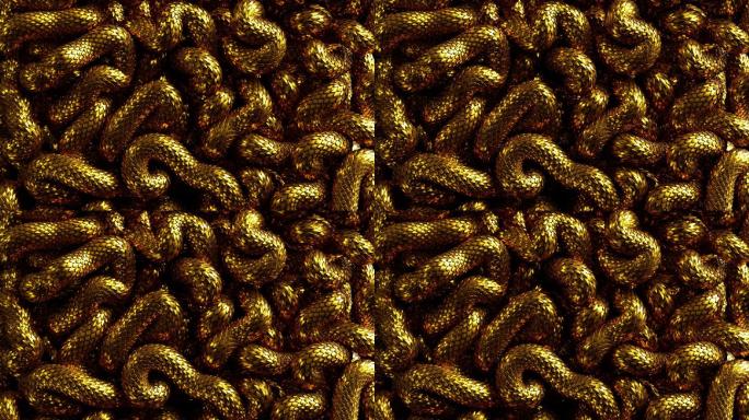 3d抽象背景与缠结的金色金属蛇移动