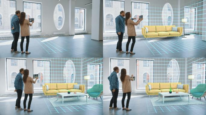 夫妇使用增强现实室内设计软件选择家具