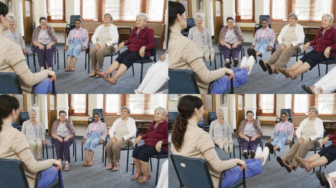 老年妇女与年轻女护士参加治疗和锻炼课程