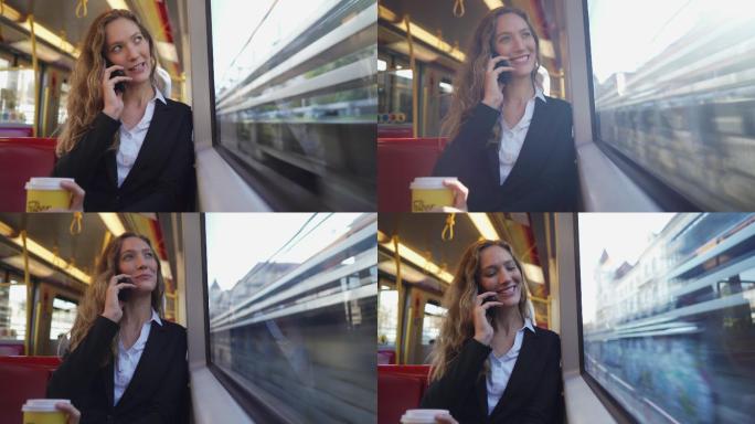 女人在火车上使用智能手机