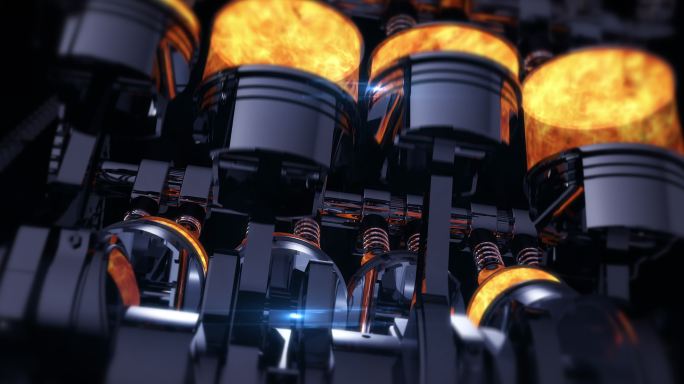 带爆炸的旋转V8发动机3D动画