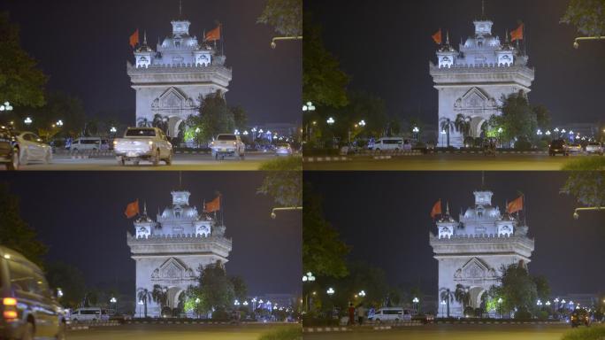 老挝首都万象地标建筑凯旋门夜景
