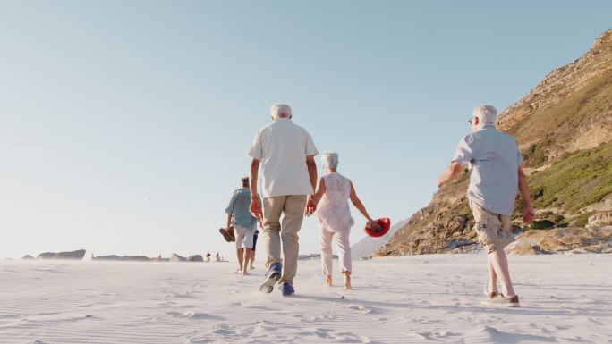 一群老朋友一起沿着沙滩散步的后视图