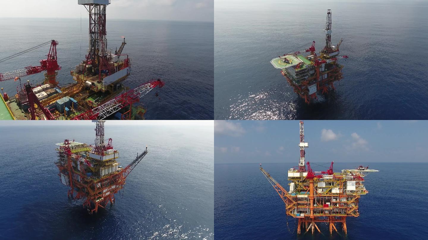 航拍海上开采石油海上钻井平台