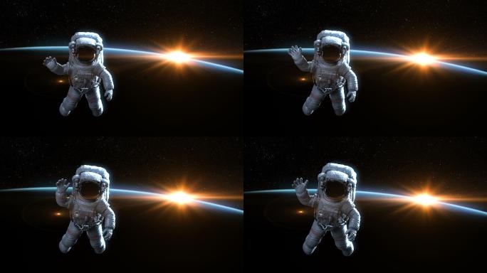 黎明时分宇航员在外层空间挥舞着波浪
