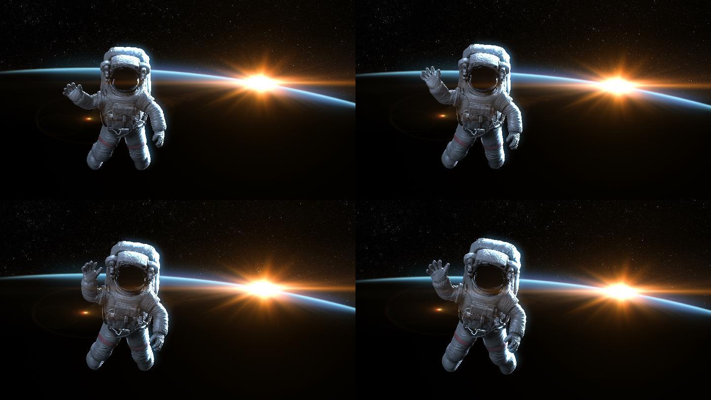 黎明时分宇航员在外层空间挥舞着波浪