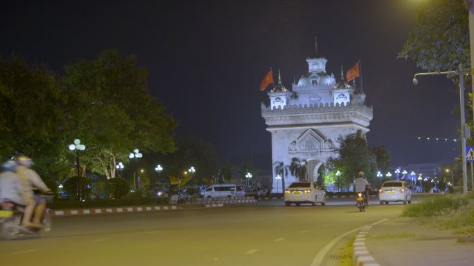 老挝首都万象地标建筑凯旋门夜景