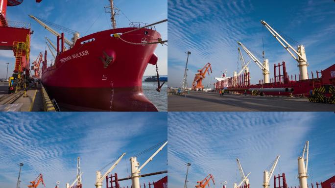 长江港口万吨货轮吊装钢管作业延时