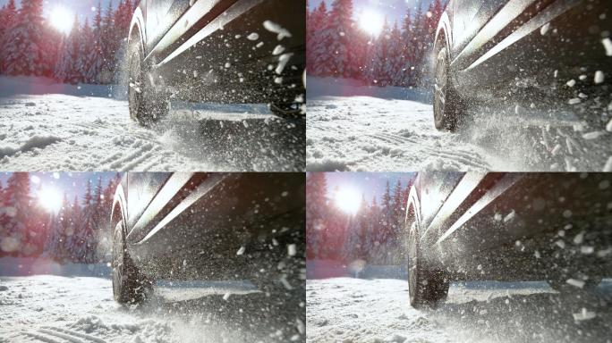 汽车在雪地行驶低视角特写