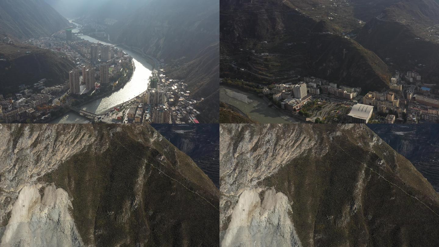 山路 航拍 汶川县城 河流阳光