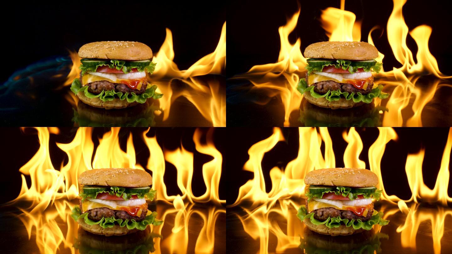 火背景下的美味汉堡