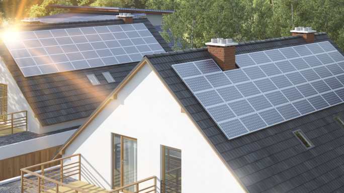 现代住宅屋顶上的太阳能电池板