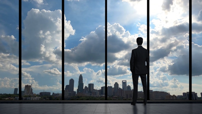 商业商务男人思考成功人士背影俯瞰都市