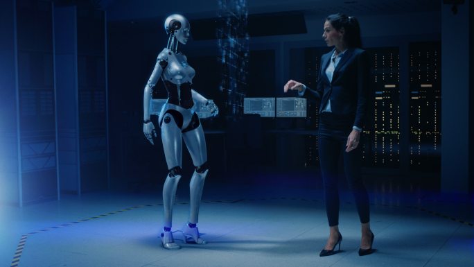 女工程师与机器人触摸双手