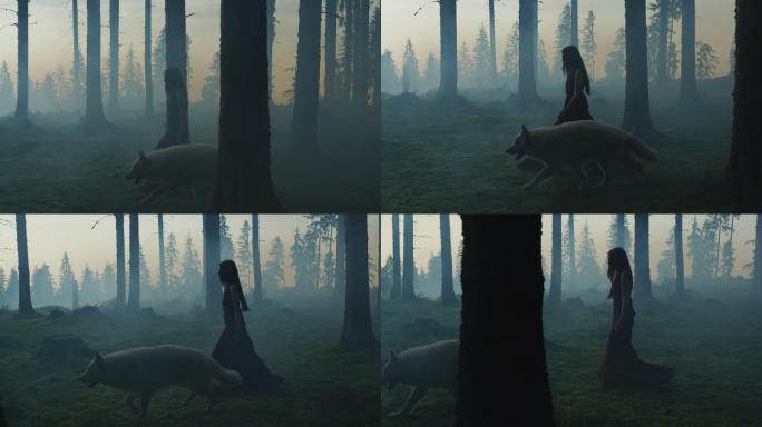 森林里行走的女人恐怖迷雾阴森