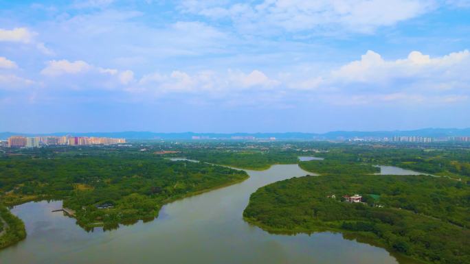 成都青龙湖湿地公园城市水域航拍