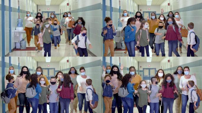 孩子一起在学校走廊里戴着面具合影