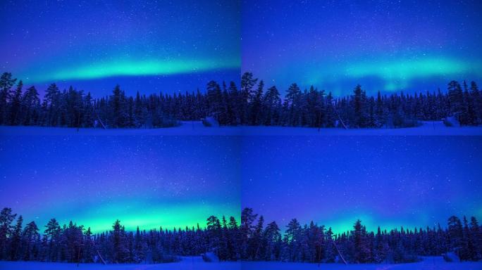 冬季森林上空的北极光。时间推移