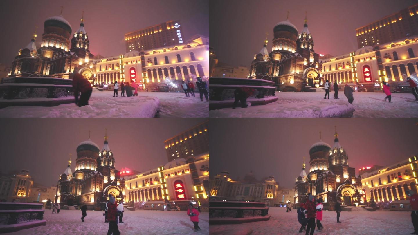 大雪来袭哈尔滨索菲亚教堂上演“雪色浪漫”