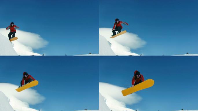 滑雪板运动员跳入天空，慢动作