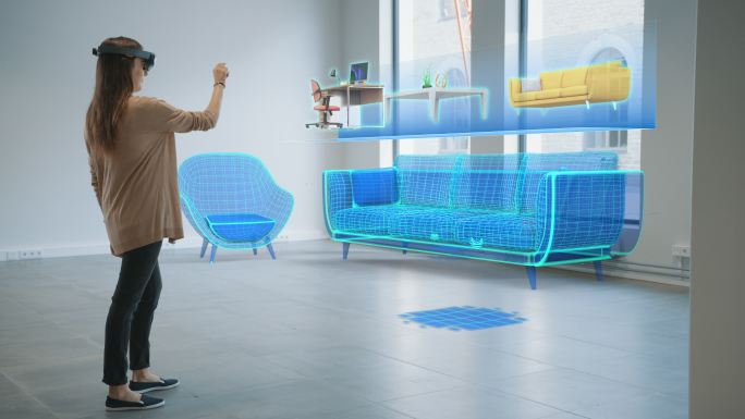 体验VR的女人智慧家居家具设计软装挑选装