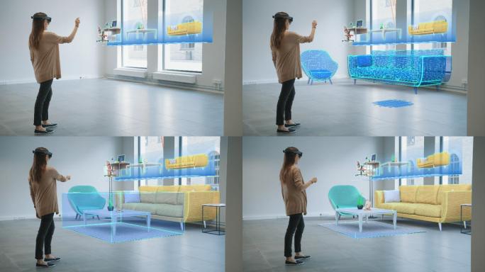 体验VR的女人智慧家居家具设计软装挑选装