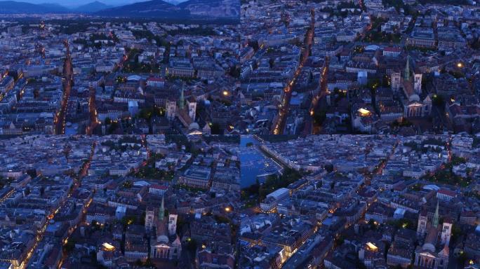 日内瓦古城美丽夜晚鸟瞰图