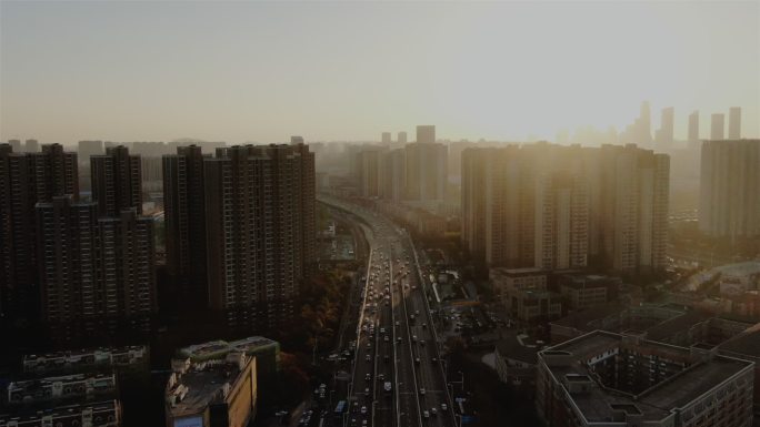 航拍城市高架，灰色城市,雾中城市