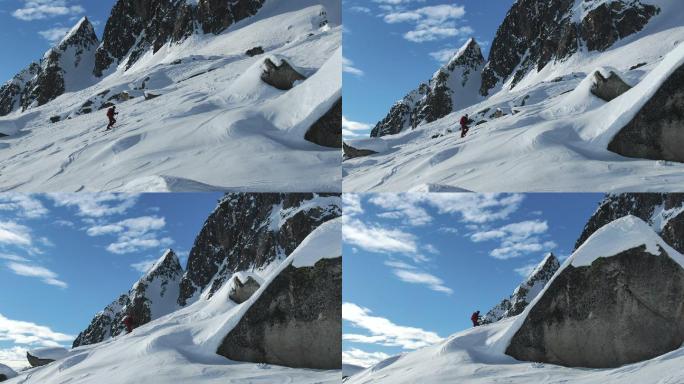 女性滑雪之旅攀登雪山高山景观