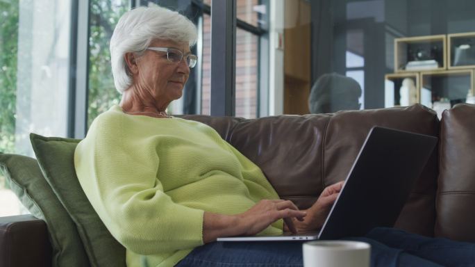 一位年长女性在家沙发上使用笔记本电脑