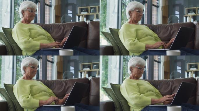 一位年长女性在家沙发上使用笔记本电脑