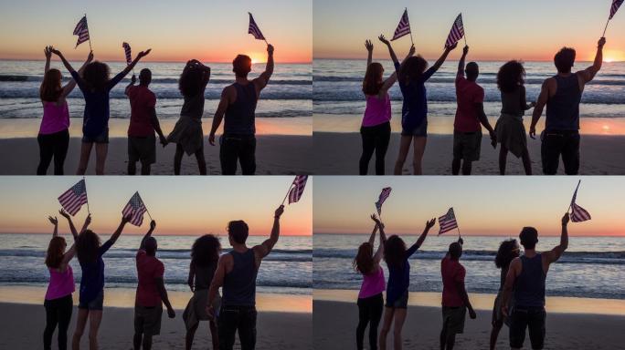 在海滩上庆祝美国星条旗爱国主义独立日