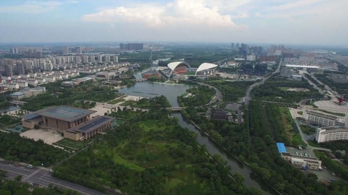 4K城市航拍，嘉兴南湖，体育场，城市俯拍